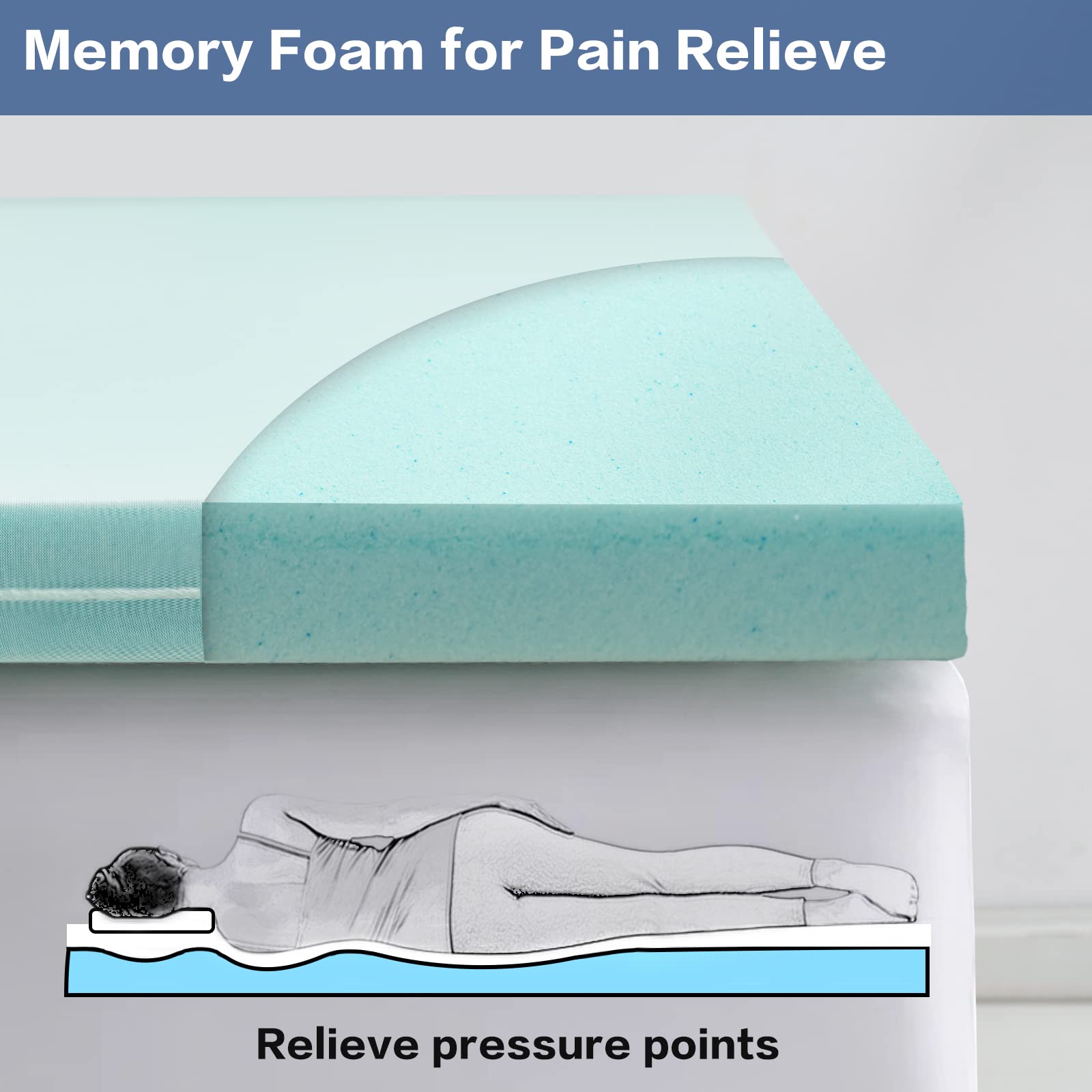 SOPAT 3 Inch Memory Foam Mattress Topper Queen Size Dual Layer Comfort Pillow Top Mattress Pad for Back Pain Relief (2" Gel Memory Foam+ 1" Pillow Top Cover)