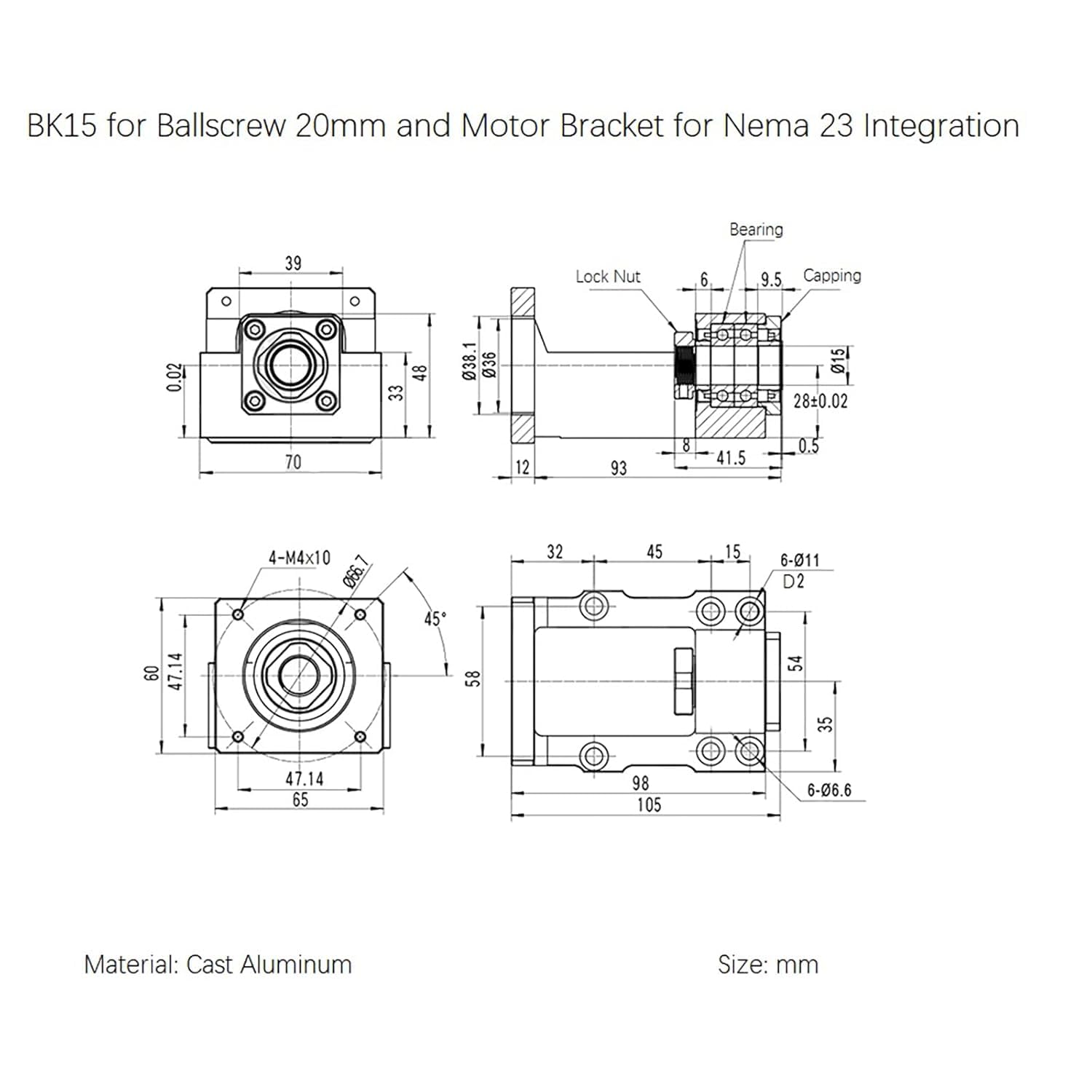 Soporte de motor y BK15 bloque de soporte para motor paso a paso Nema 23 y husillo de bolas de 20 mm SFU2004 SFU2005 SFU2010 como componentes de kit CNC