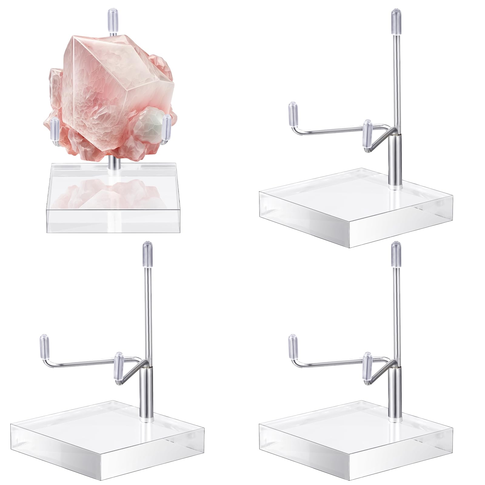 Suzile 4 Pcs Adjustable Metal Arm Display Stand Easel with Acrylic Base Rock Display Easel Holder Acrylic Easel Crystal Display Stand Clear Plate Stand for Geodes Mineral Agate (2.8 x 2.8 x 4.3 Inch)