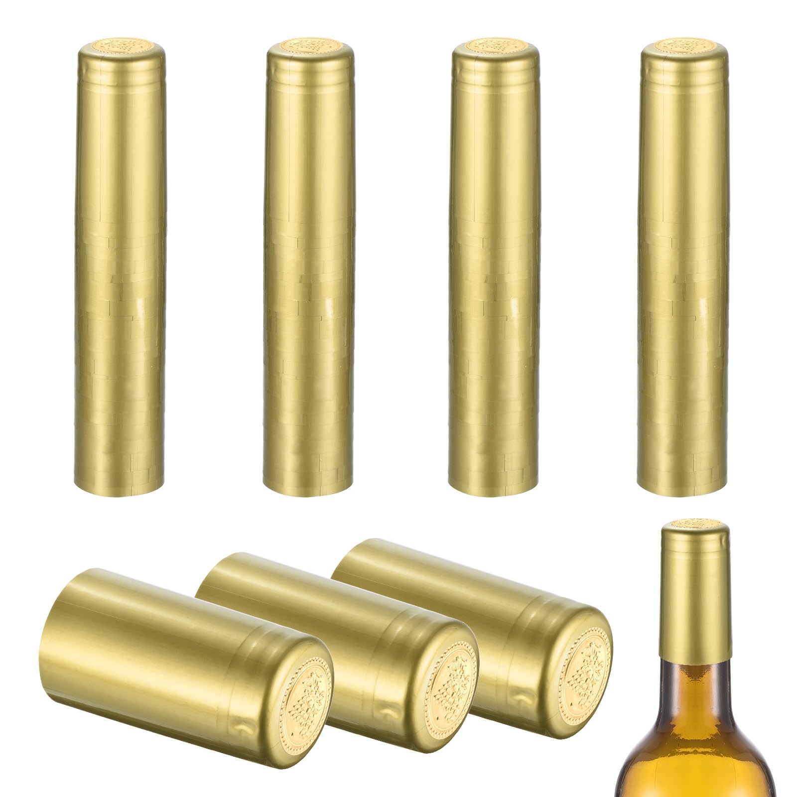 sourcing map 110Pcs PVC Heat Shrink Capsules, 32mm x 60mm Wine Bottle Capsules Shrink Wrap Sleeves Bottle Corks Caps for Wine Making Cellars and Home Kitchen, Gold Grape/Gold