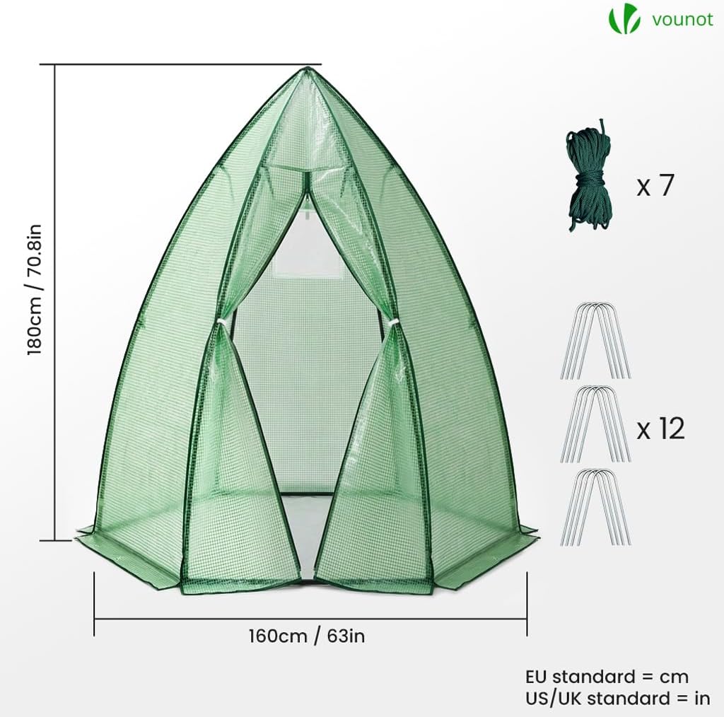 Diagram showing the dimensions of the VOUNOT Dome Greenhouse: 160cm width and 180cm height.