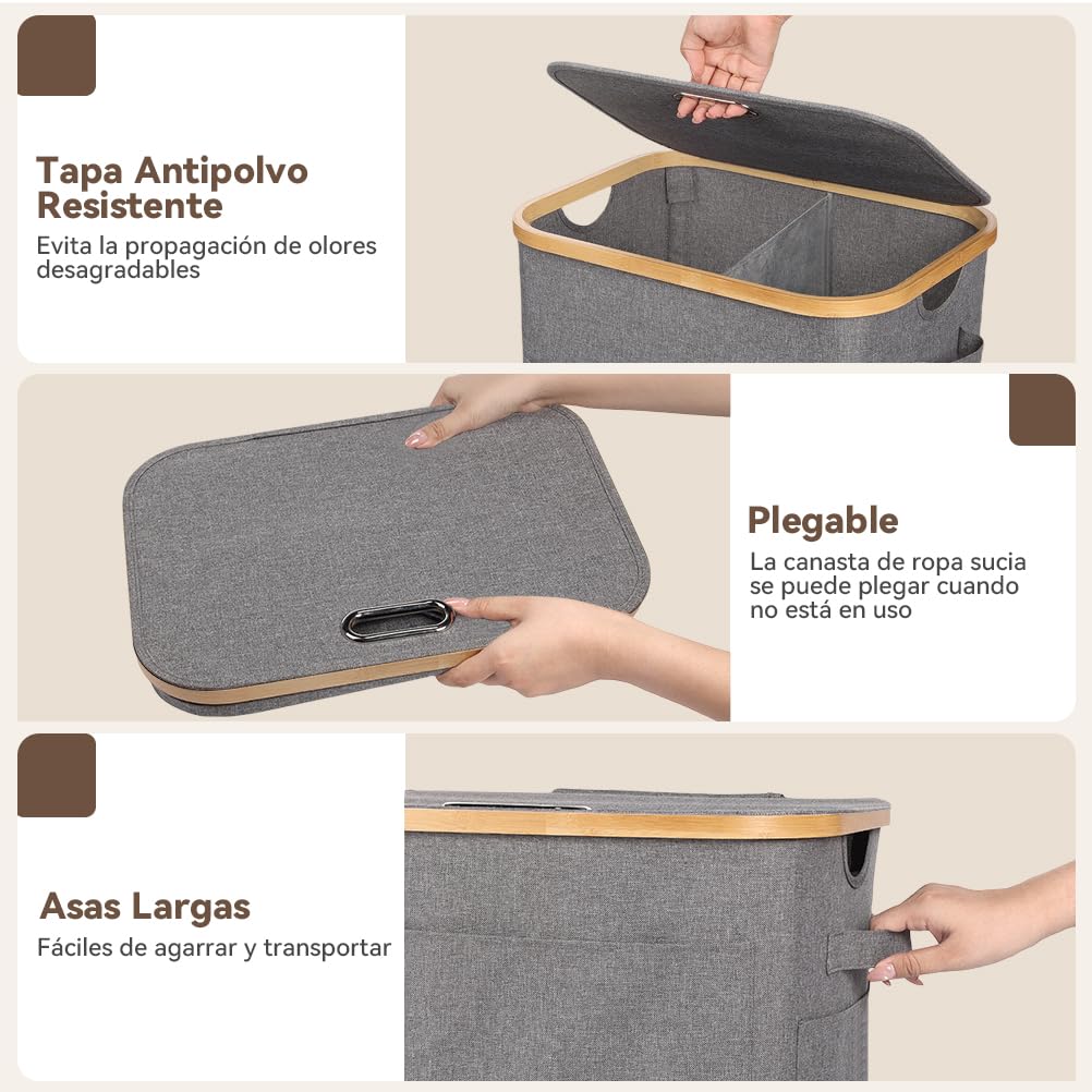 OUSFOT Cesto Ropa Sucia con Tapa 70L, Cubo 2 Compartimentos, Laundry Basket Impermeable para Armario
