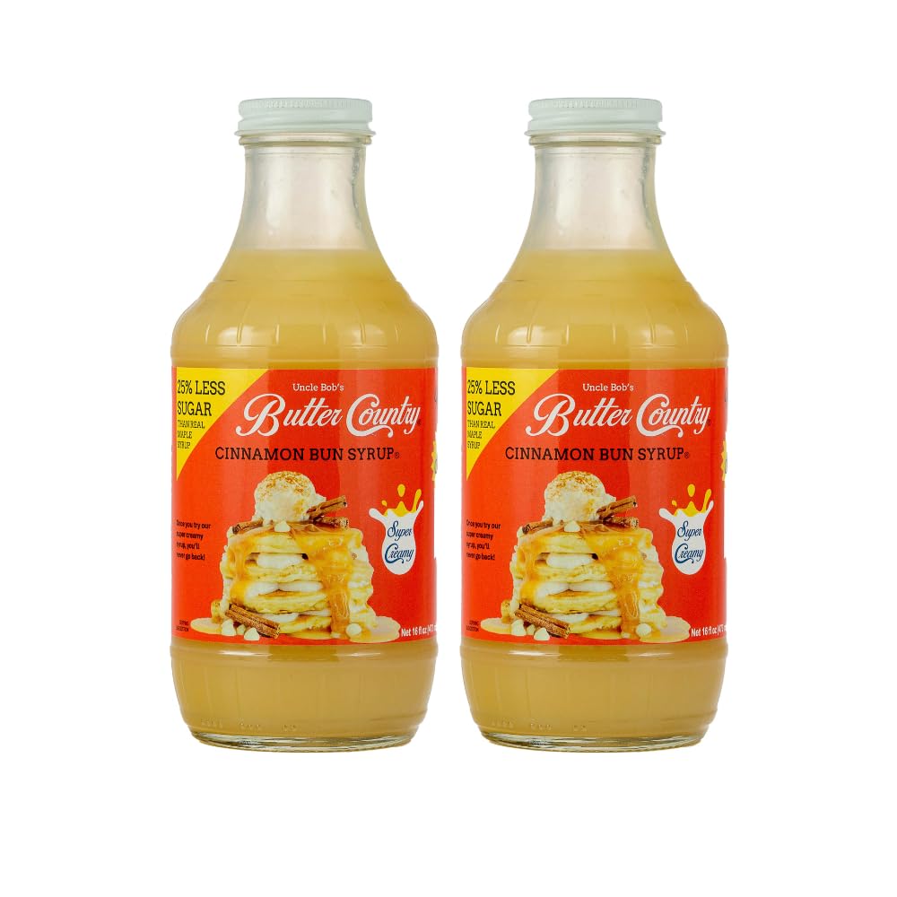 Uncle Bob's Butter CountryUncle Bob's Butter Country Rich & Creamy Cinnamon Bun Flavored Buttermilk Syrup for Pancakes, Waffles, French Toast, & More, No Corn Syrup, Gluten Free, 16 fl oz Bottle/2 Pack