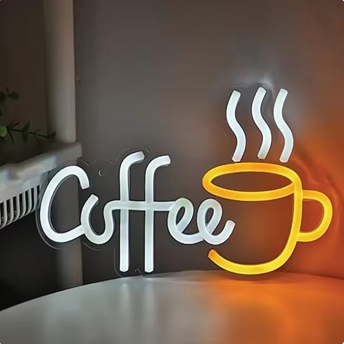HFHungkeong Wanddekoration für Kaffeebar-Schilder, LED Coffee Neon Leuchtschilder als Dekoration für Kaffeestationen, Kaffee-Dekorationen Küchendekor, mit Dimmbarem Schalter und Kette zum Aufhängen - Coffee White Cup Orange
