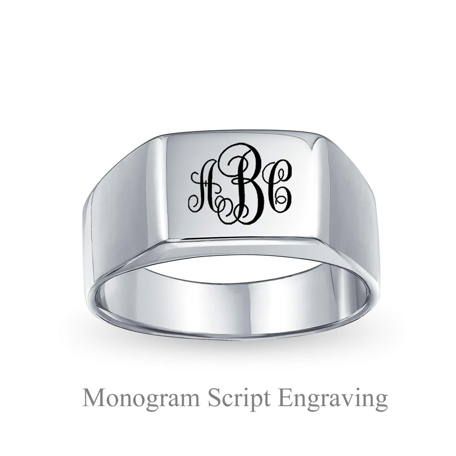 Bling Jewelry Anillo de sello rectangular ancho simple personalizado geométrico con iniciales grabadas para hombre en plata de ley .925 acabado brillante