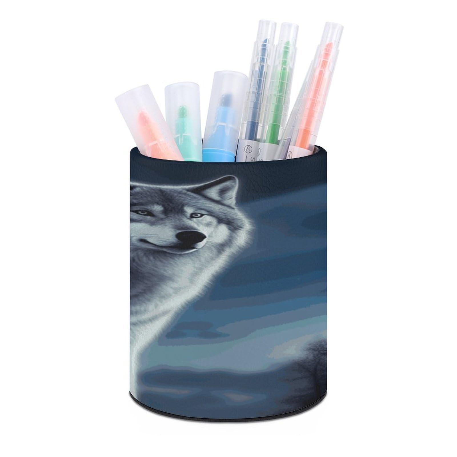 FekiLoot Round Leather Pen Holder - Multipurpose Desk Organizer, Modern Pencil Cup, Wolf Under Moon Pencil Holder, Unique Makeup Brush Holders for Office Home Supplies & Gifts