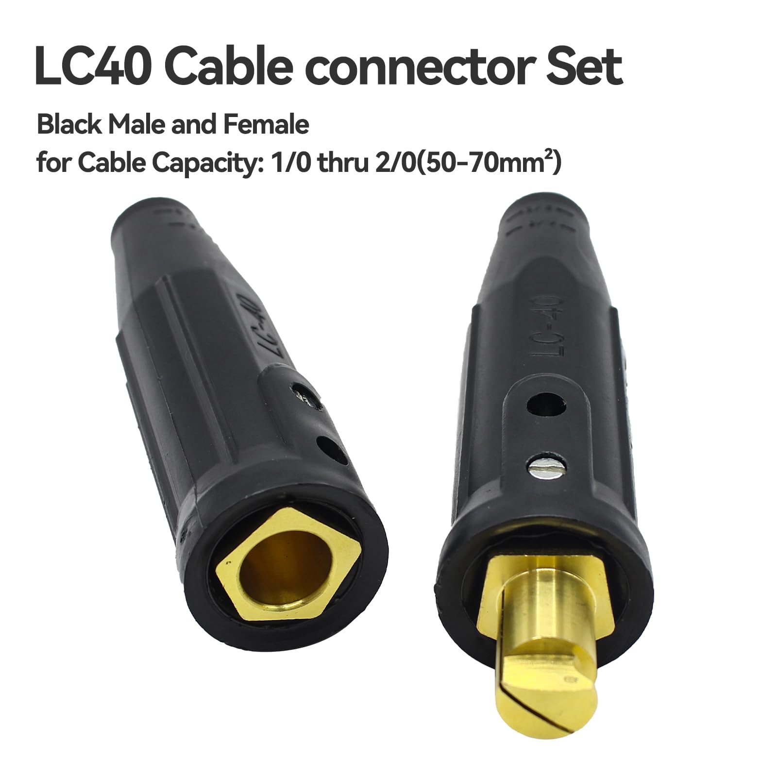 LC40 - Juego de conectores de cable de soldadura, conectores para cables de máquina de soldar, capacidad de tamaño de cable 1/0 y 2/0, clasificación máxima de 350 amperios (1 macho/1 hembra)
