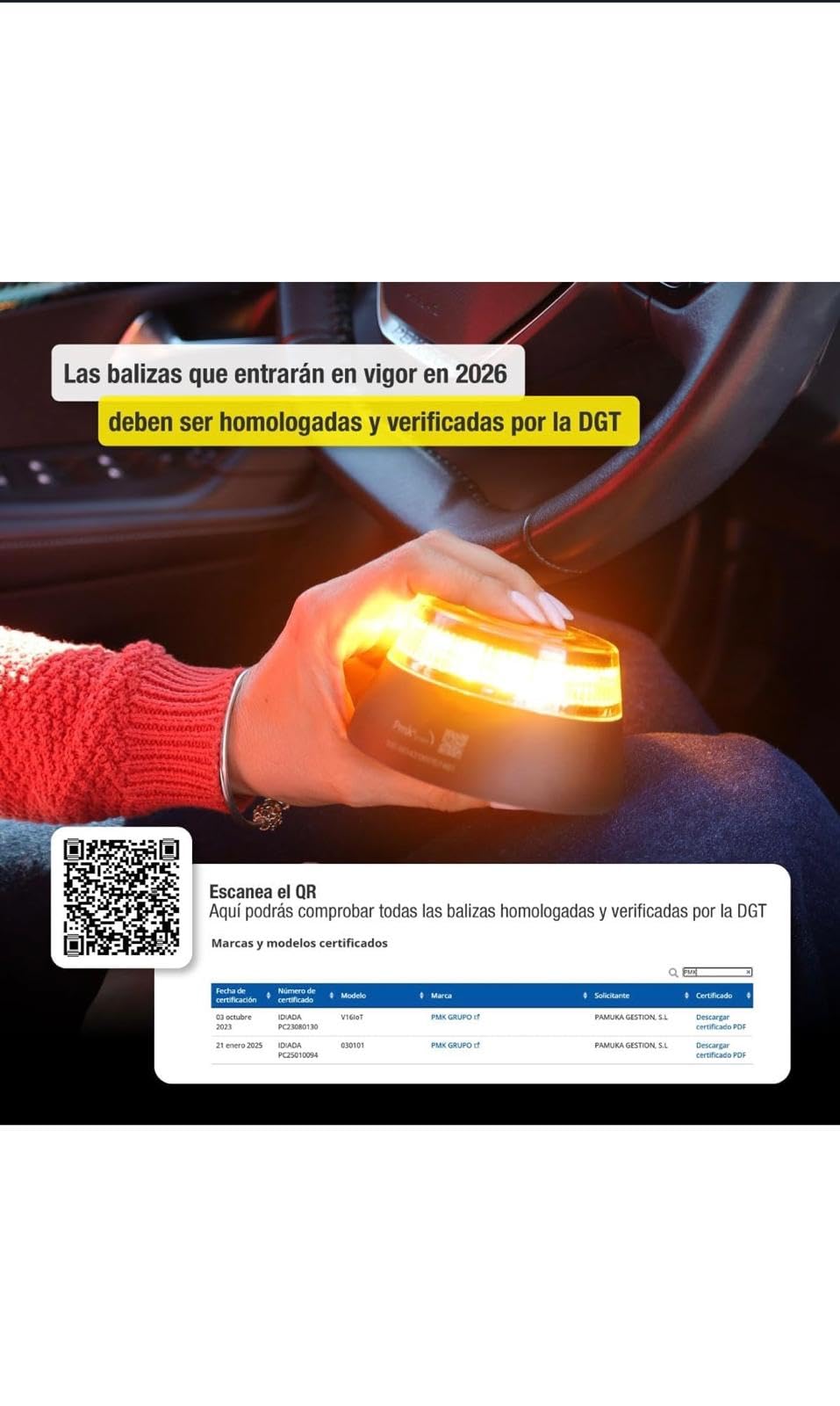 Balise de détresse V-16 – Homologuée DGT – Éclairage LED haute visibilité à 360° – Base magnétique – Sans géolocalisation – Pile incluse – Remplace le triangle