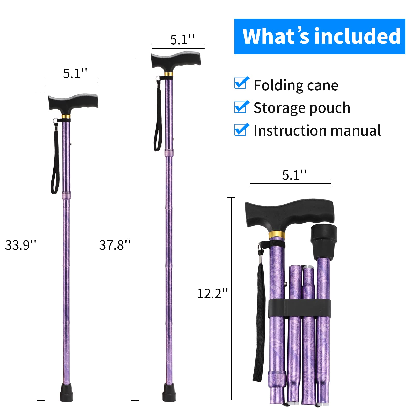 LIXIANG Bastón plegable, altura ajustable de 5 niveles para hombres y mujeres con cómodo mango en T de plástico portátil (flor morada)