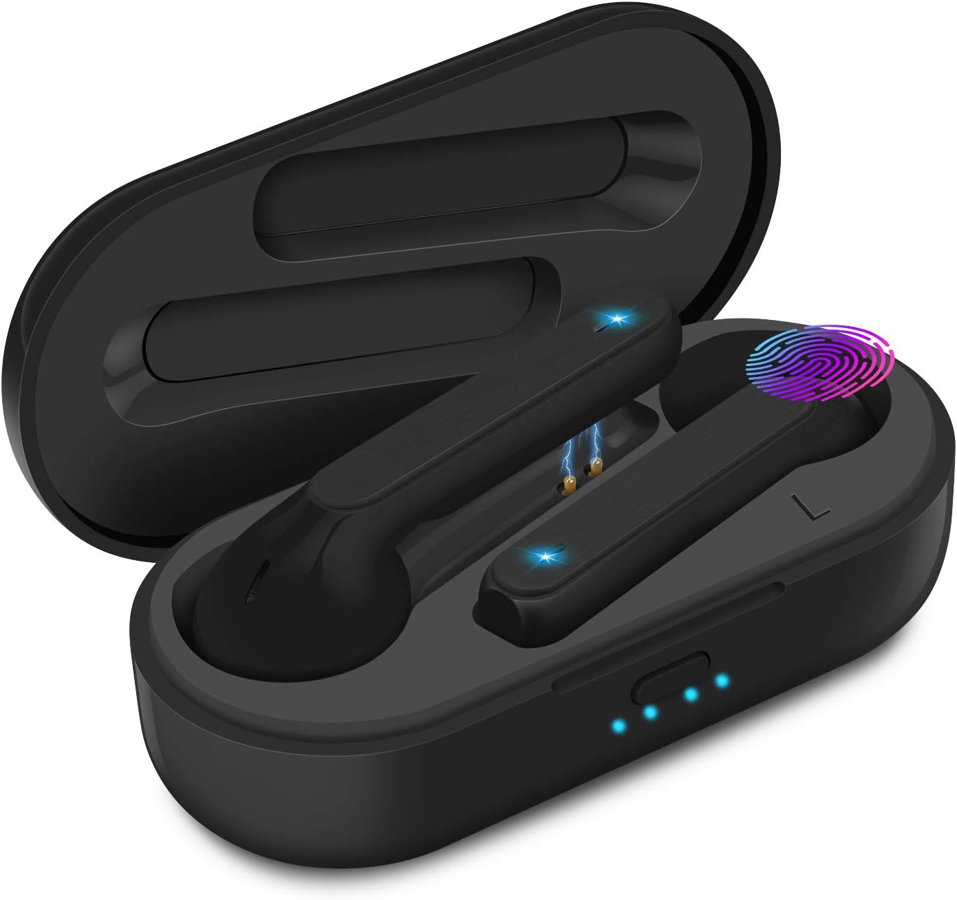 Black wireless earbuds in an open black charging case, with blue indicator lights on the case.