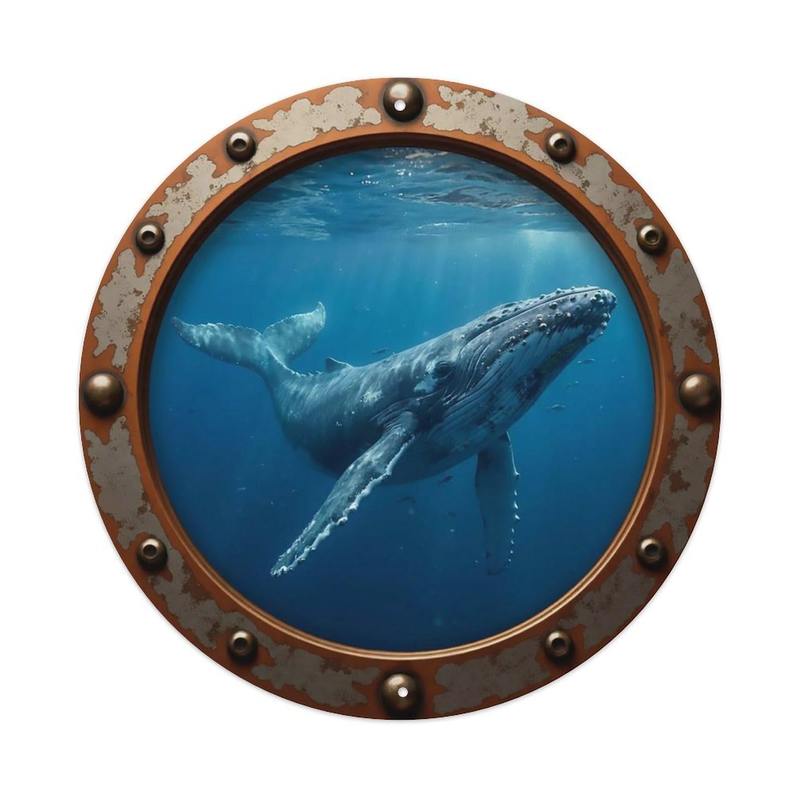 Odgynaw 8X8inch(20X20cm) Vintage Porthole Humpback Whale Nautical Window View Metal Tin Sign