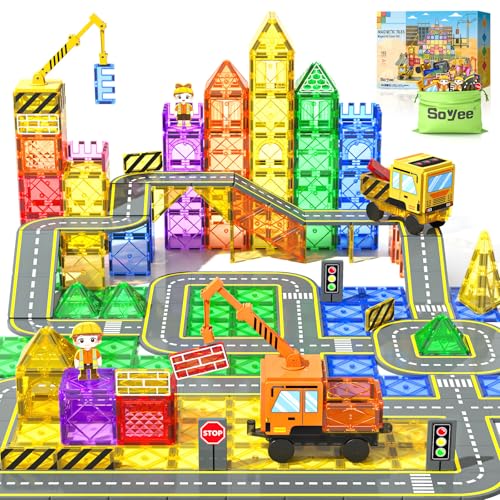 Soyee 102 PCS Magnetic Tiles with 2 Cars & 2 Cranes...