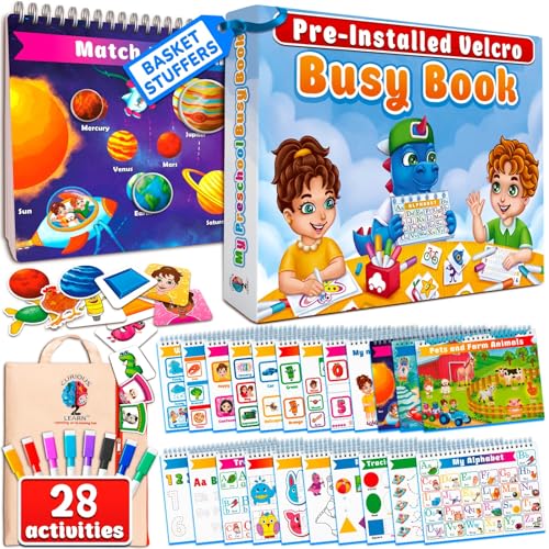 Image of Curious 2 Learn Montessori Busy Book for Toddlers Ages 3-5 – Preassembled Preschool Learning Binder with 28 Activities, Travel Bag & 8 Markers – Educational Toy & Gift for 3 Year Old Boys (Blue)