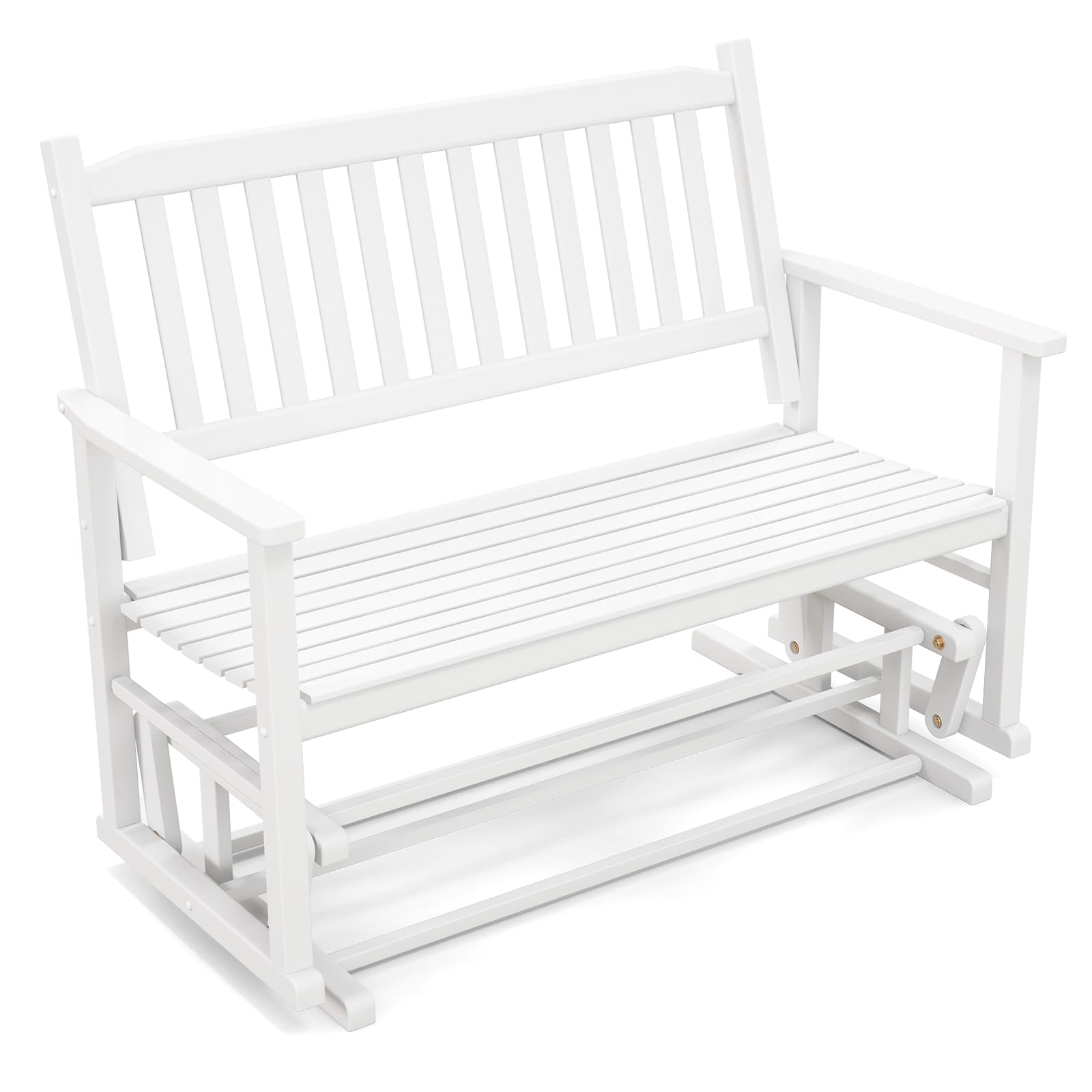 Tangkula 2 Person Outdoor Glider Bench, Poplar Wood Patio Swing Glider Loveseat with Armrests, Slatted Seat & Backrest, Porch Rocking Glider Bench for Backyard, Garden, Deck (White)
