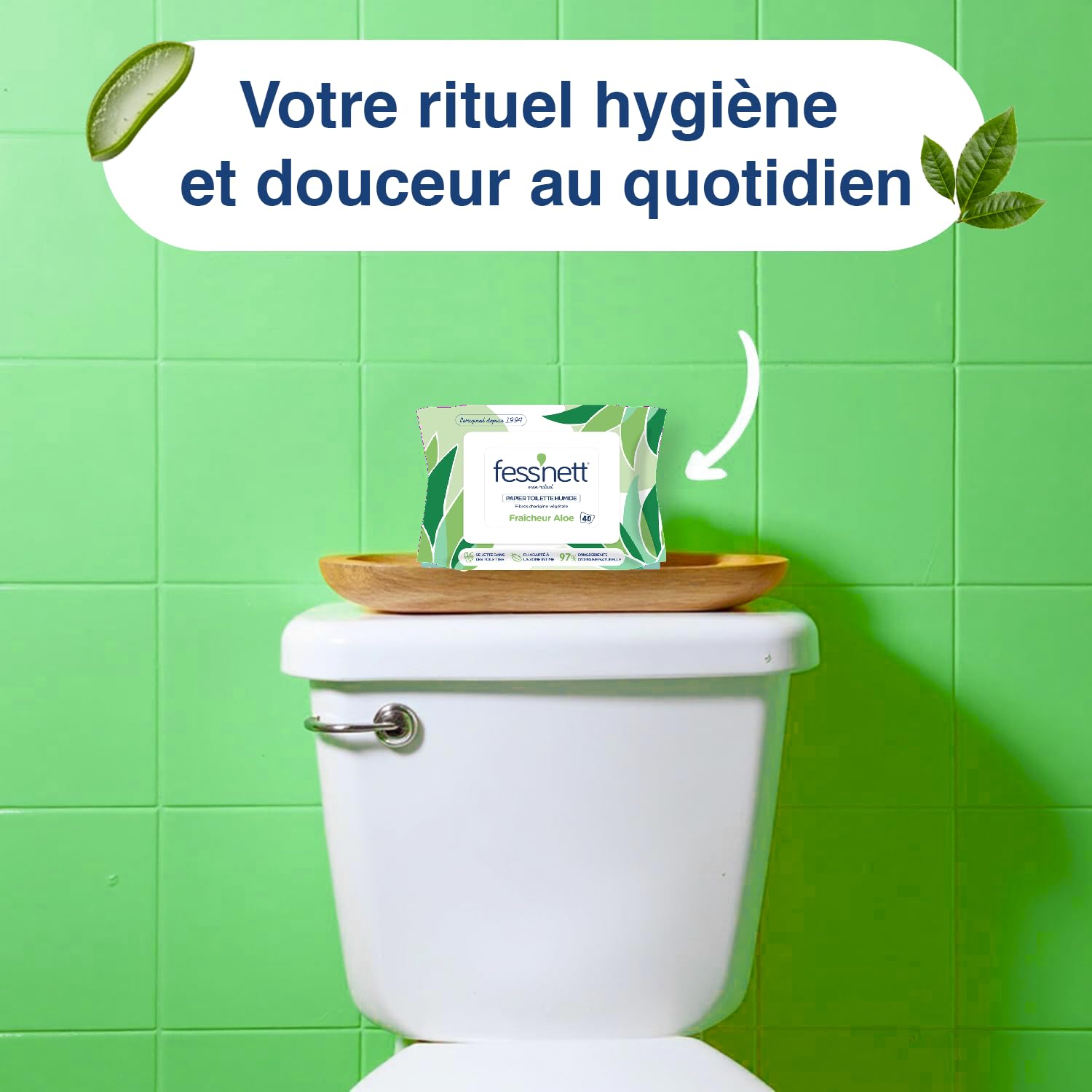 fess'nett Papier Toilette Humidifié Vert Aloe 40 Feuilles | 100% Fibres Végétales, 96% d'Eau, PH Neutre, Sans Parfum et Parabène, Usage Intime Adulte Enfant