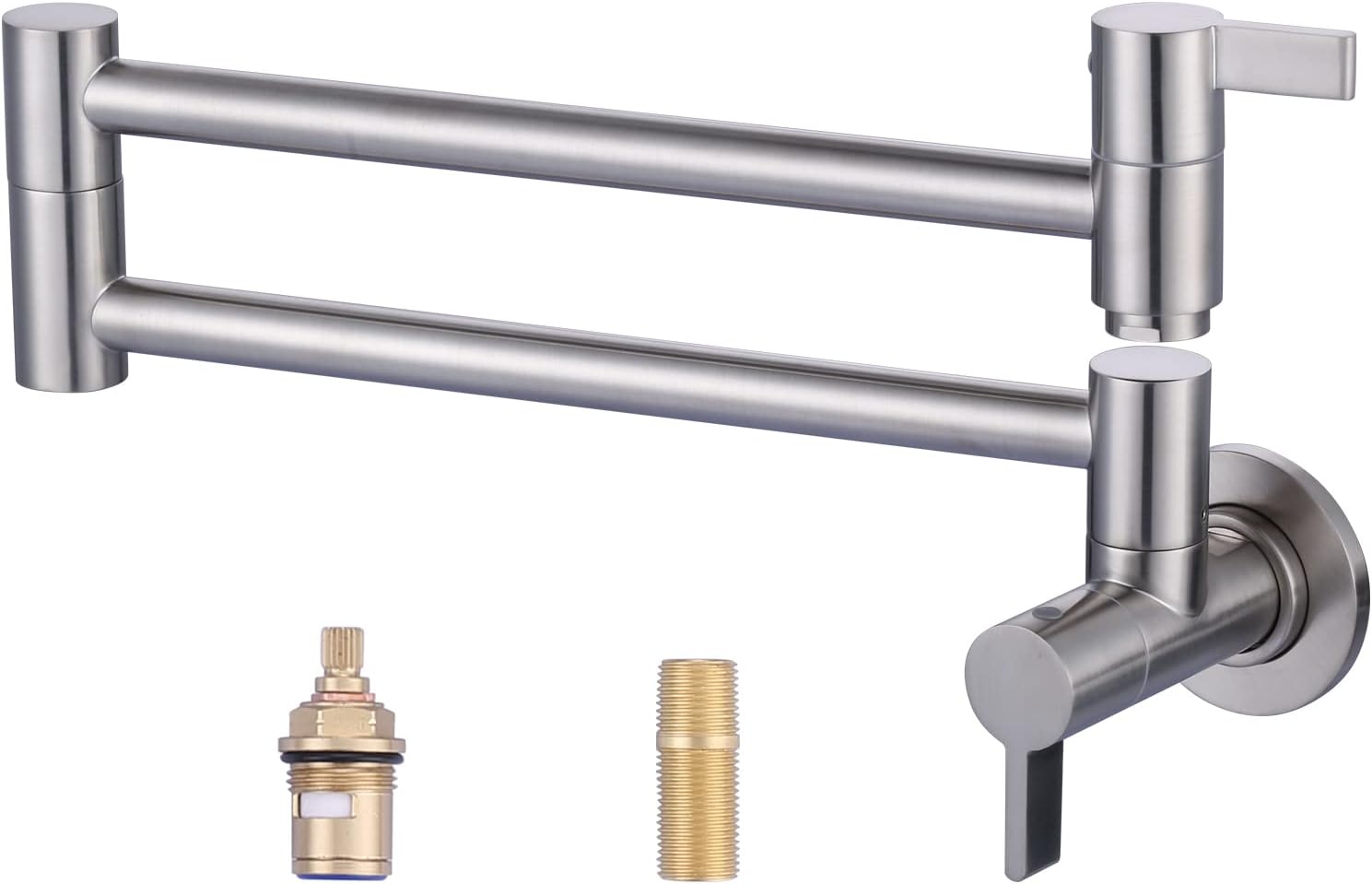 Pot Filler Faucet Brushed Nickel, Modern Pot Filler Wall Mount Folding Faucet 2 Handle with Double Joint Swing Arms Brass Stove Faucet
