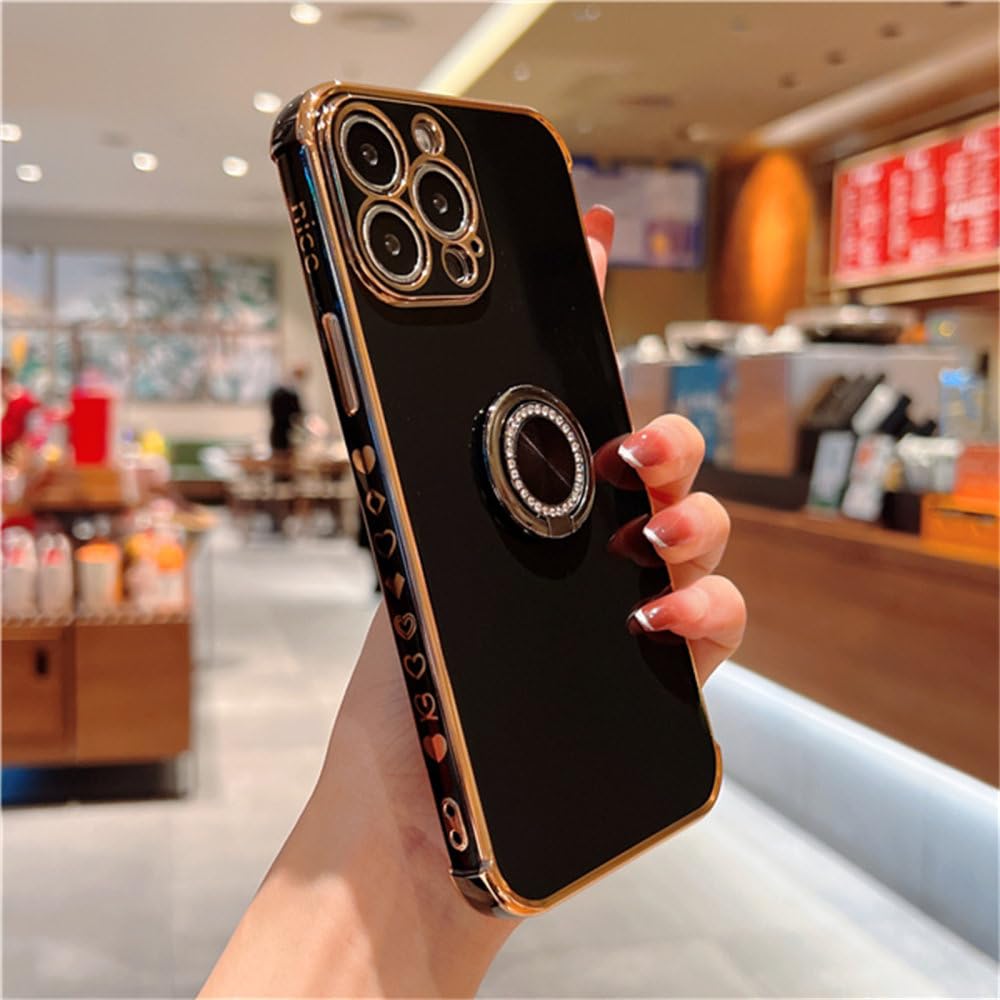 Funda de lujo con corazón para iPhone 14 13 Pro Max carcasa negra con parachoques protector 7