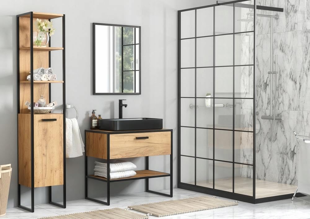 Metalowa szafka łazienkowa pod umywalkę z blatem 90 cm dąb loft złoty matowy - meble łazienkowe