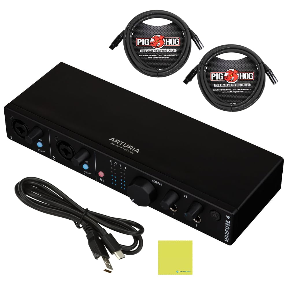 Arturia MiniFuse 4 Versatile Desktop USB-C Audio Interface, Black w/ 2-Pack Pig Hog PHM10 8mm XLR Microphone Cable and Liquid Audio Polishing Cloth