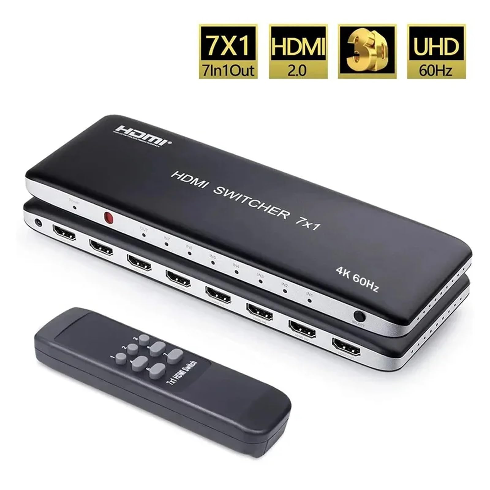 Conmutador de 7 Puertos 7x1 4K60Hz Selector de conmutador 2.0 7 entradas 1 Salida Compatible con HDR HDCP 2.2
