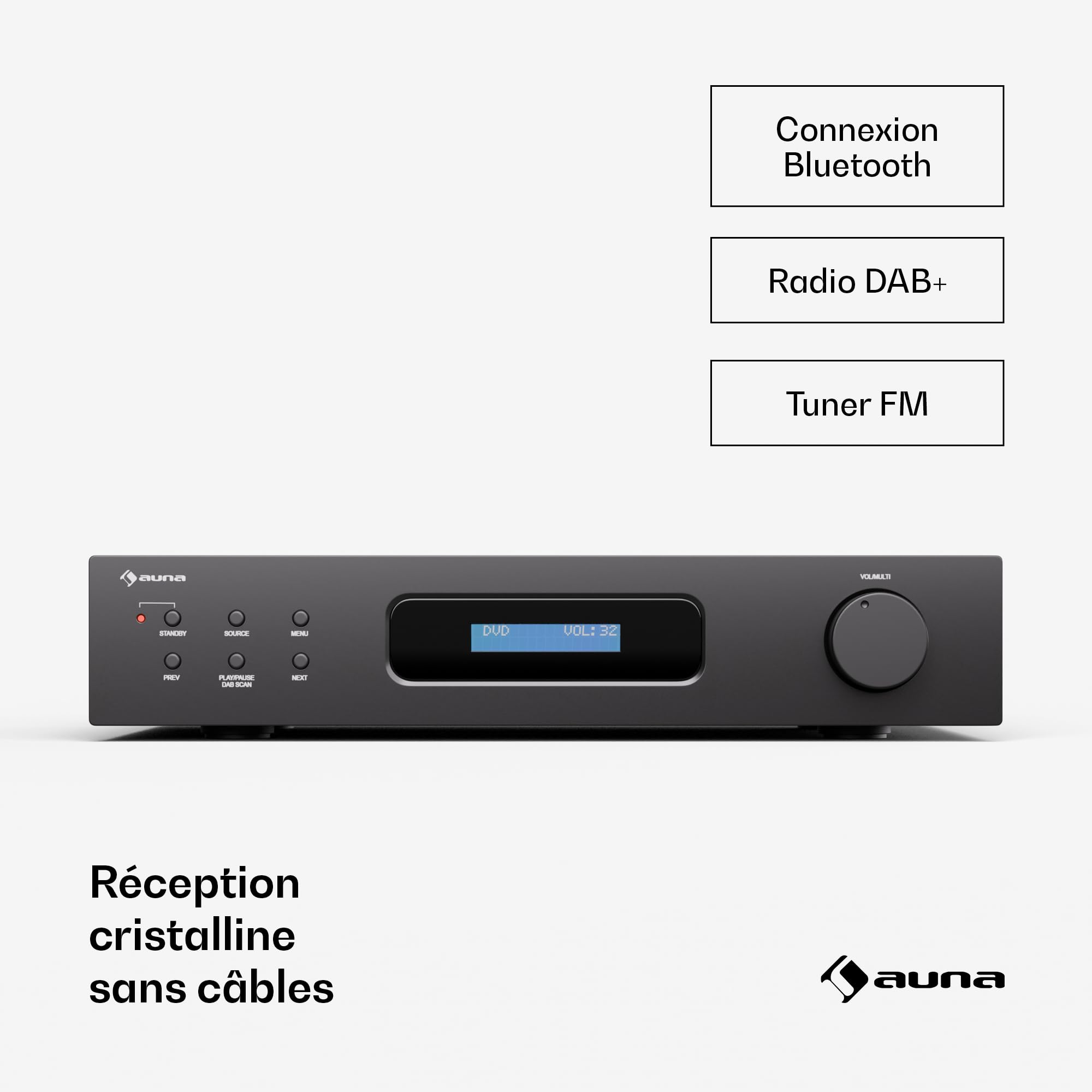Auna Art22 Amplificateur Audio HiFi Bluetooth & Radio Dab+ - 2x60W, Entrées Optiques & Coaxiales, Tuner FM, Lecture CD/DVD, Télécommande, Design Compact, Noir
