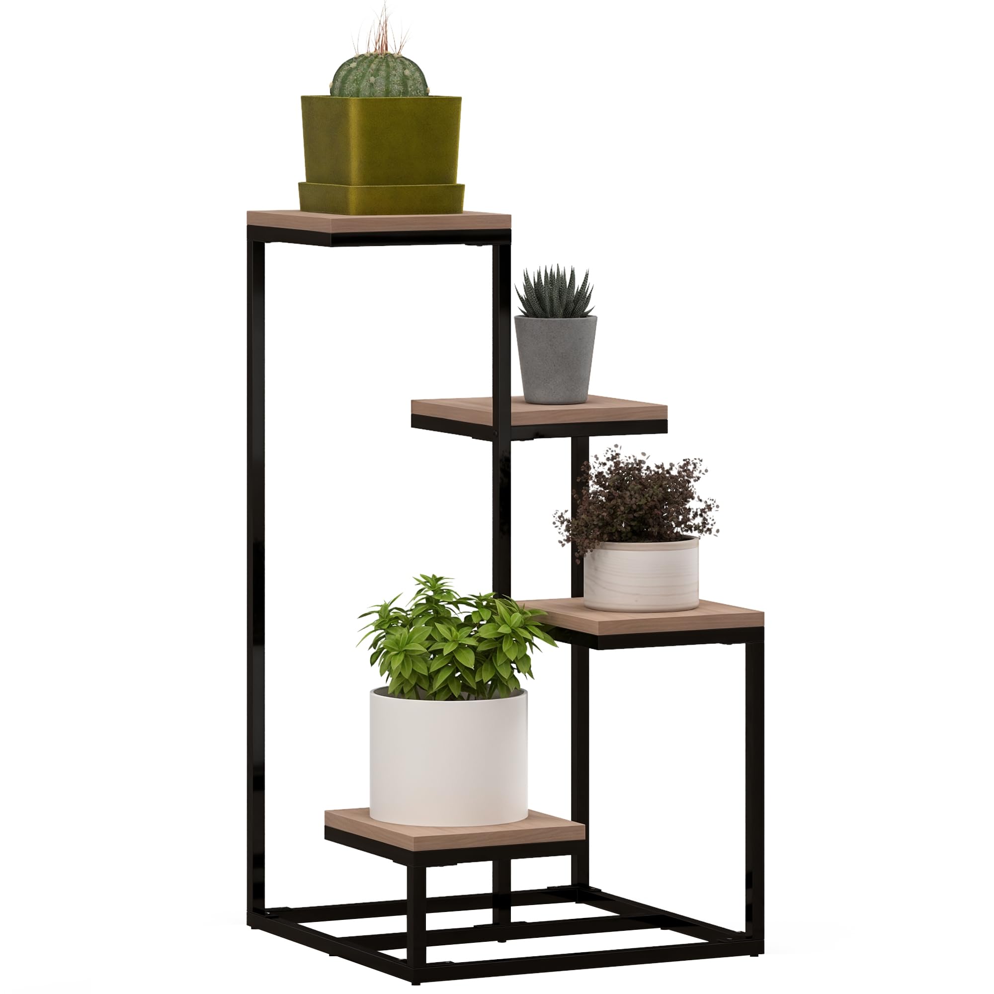 Outsunny Portapiante a 4 Livelli Interni Esterni 40x40x75.5 cm Marrone Nero | Scaffale Porta Fiori e Vasi, in Acciaio e Legno