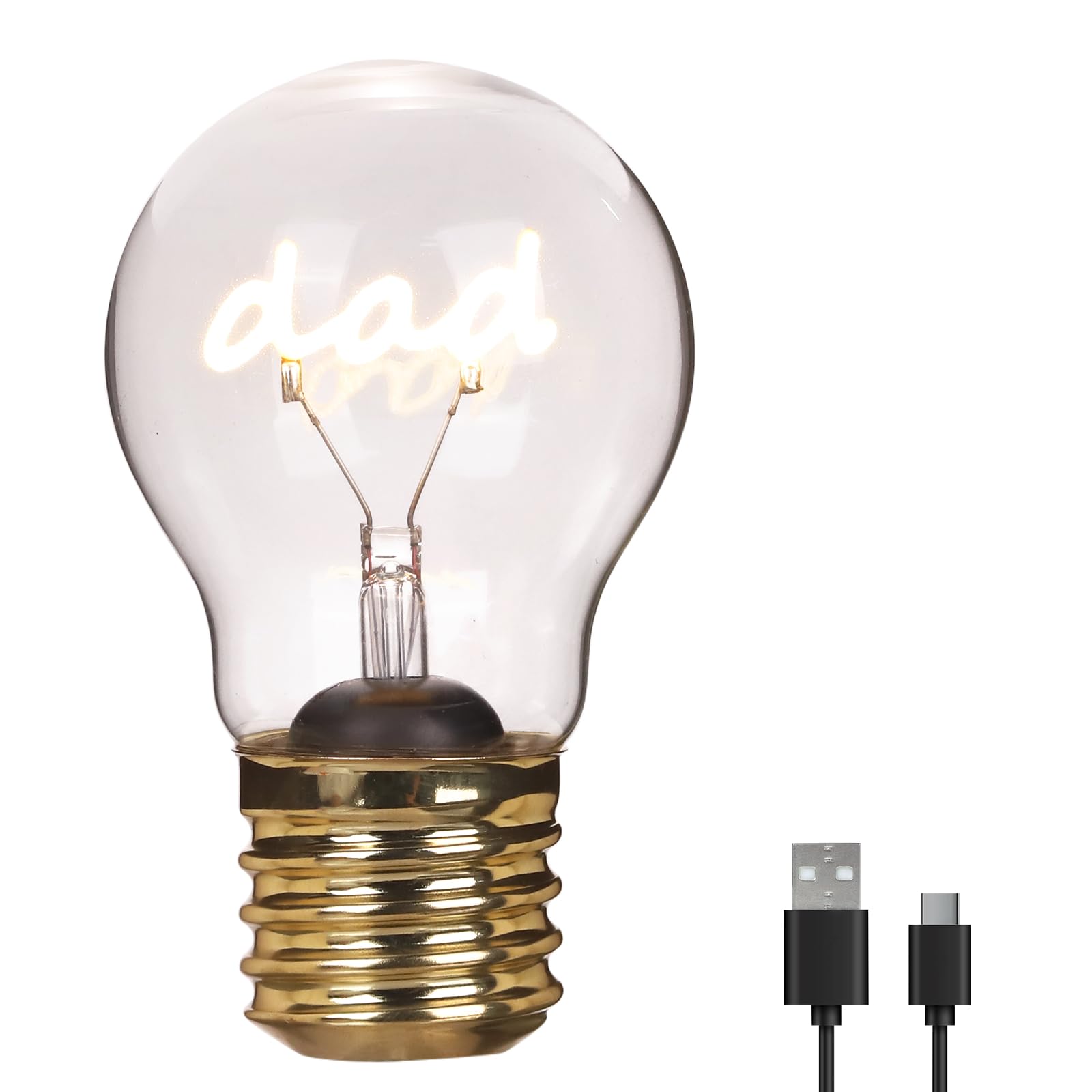 DAD Letter Shaped LED Light Bulb, A70 Decorative DAD Letter Shaped LED Edison Light Bulb, USB Rechargeable Vintage Decorative Bulb, Fancy and Design