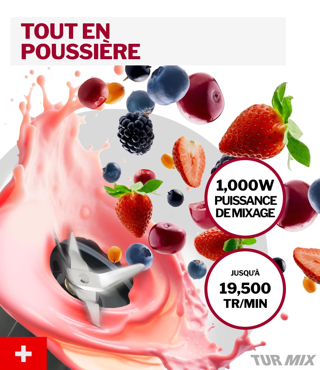 Turmix Mixeur sur socle haute performance CX 750 – 1000 W, couteau en acier inoxydable à 6 lames, smoothie maker & mixeur verre 1,5 L, gobelet à emporter, fonction continue & pulse