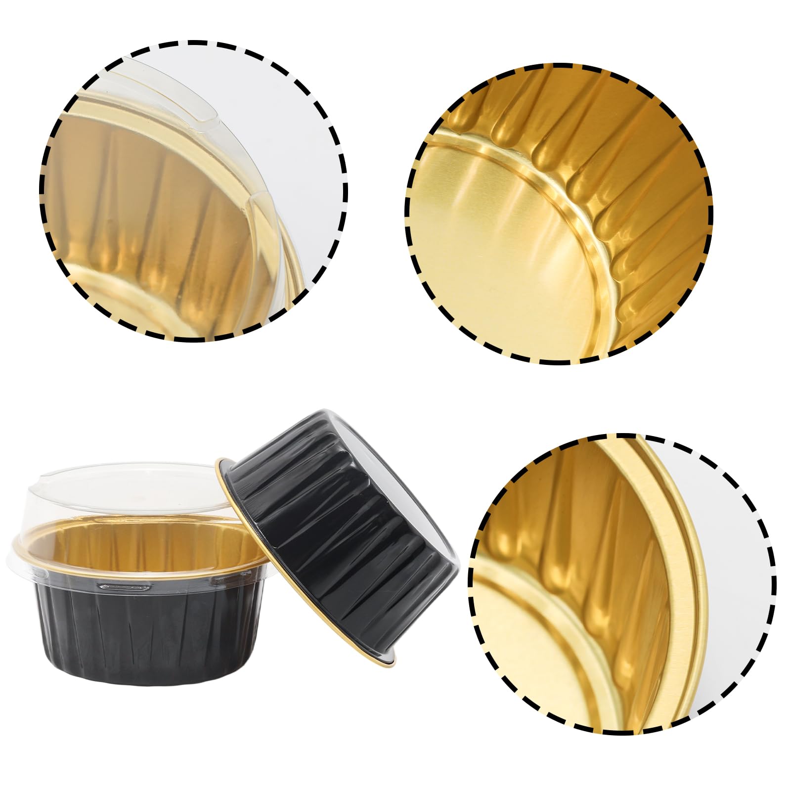 Lot de 100 mini moules à tarte en aluminium avec couvercles, 120 ml, noir et doré