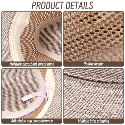 Wide Brim Straw Panama Hat, Fedora Beach Sun Hat with Chin Strap, Sun Protection Khaki Cowboy for Seaside Beach Picnic4