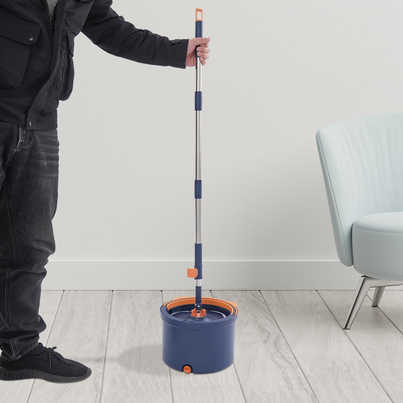 Juego de fregona con cubo, mopa para todo tipo de suelos, rotación de 360°, con 5 almohadillas (azul oscuro)