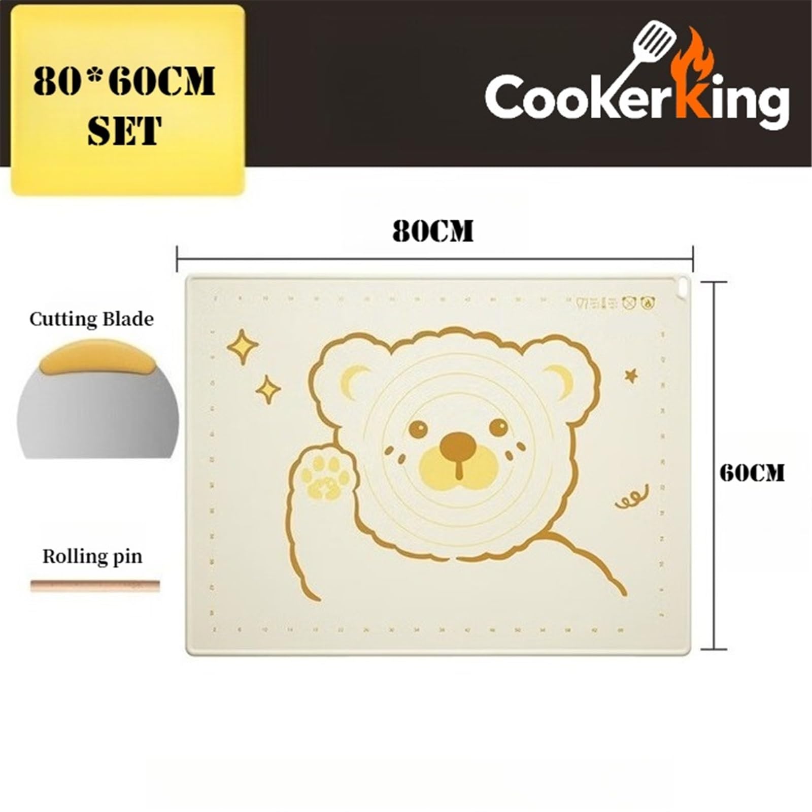 Tapis de cuisson en silicone pour pétrir la pâte à pizza (beige, 80 x 60 cm)