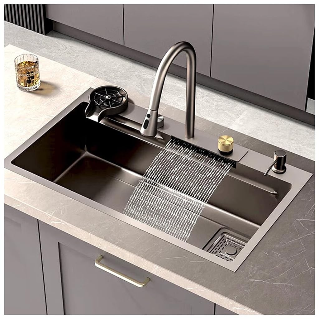 WIQUYBML Waterfall Sink Stainless Steel Single-Bowl Kitchen Workstation Pull-Down Faucet And Complete Accessory Set Dual-Mount (Color : A, Size 75x45x22cm)