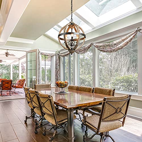 KSANA Farmhouse Chandelier for Dining Room, Wood and Metal Chandelier for Entryway, Rustic Finish, 3-Light, 15.7" Dia - Image 3