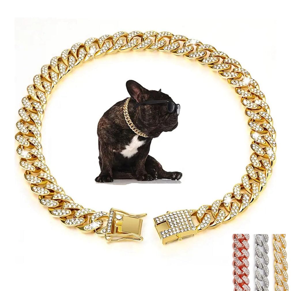 Gold Dog Necklace Collar, Glitter Rhinestone Bling Sparkly Diamond Metal Cuban Link Puppy Chain for Small Medium Large Pet Dogs 12 inch