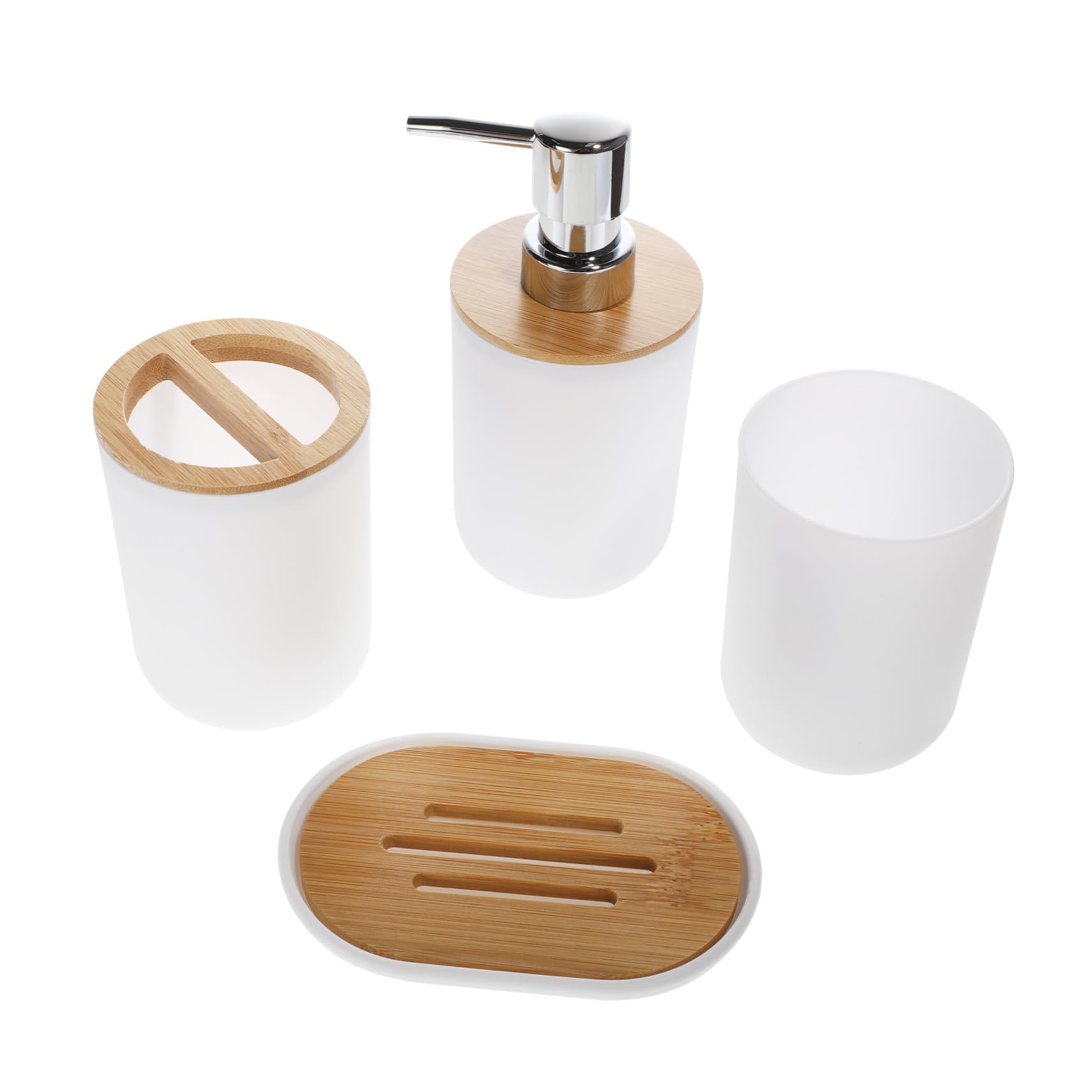 CONGARTENO Juego de Accesorios de Baño de Madera de Bambú Organizador de 4 Piezas Jabonera Vaso para Cepillo de Dientes Dispensador de Jabón Diseño Moderno para Baño