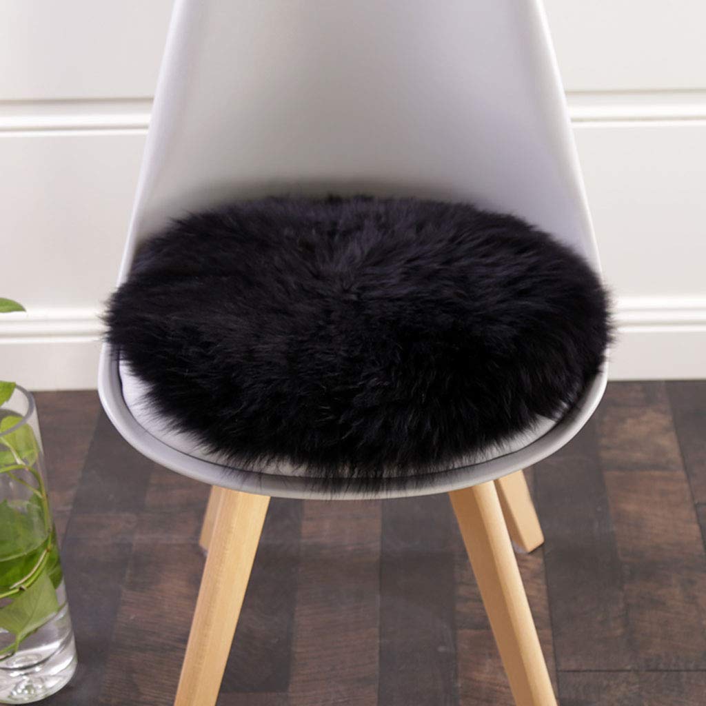 HC&WT Round Sheepskin Seat Cushion, Luxurious Fur Chair Pad Super Soft Car Seat Cover Non-Slip Natural Wool Rugs Office Desk Chair Stool Cushion (Black,Diameter 45cm (17.7inch))