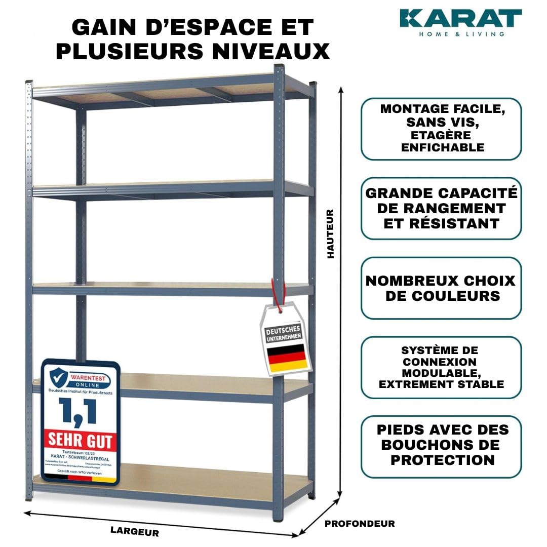 Floordirekt Lot de 2 étagères pour Charges Lourdes - Gris - 200 x 100 x 50 cm - 5 tablettes réglables (Lakota)
