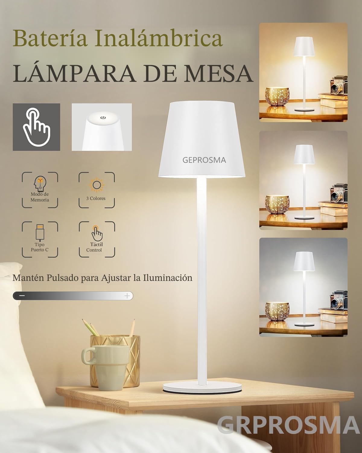 Lamparas de Mesita de Noche sin Cable 2 Piezas, 38CM Metal Lampara Inalambrica de Mesa Escritorio Recargable con Batería 5200mAh, IP54,USB C,Portatil,para Dormitorio Salon,3 modos, Regulable