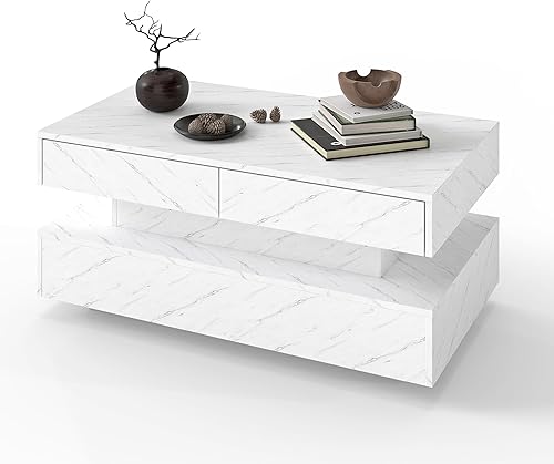 Miniatura 9 de Mesa de centro para sala de estar, mesa de centro moderna con 2 cajones de almacenamiento, mesa central de 2 niveles de madera con luces LED de 20