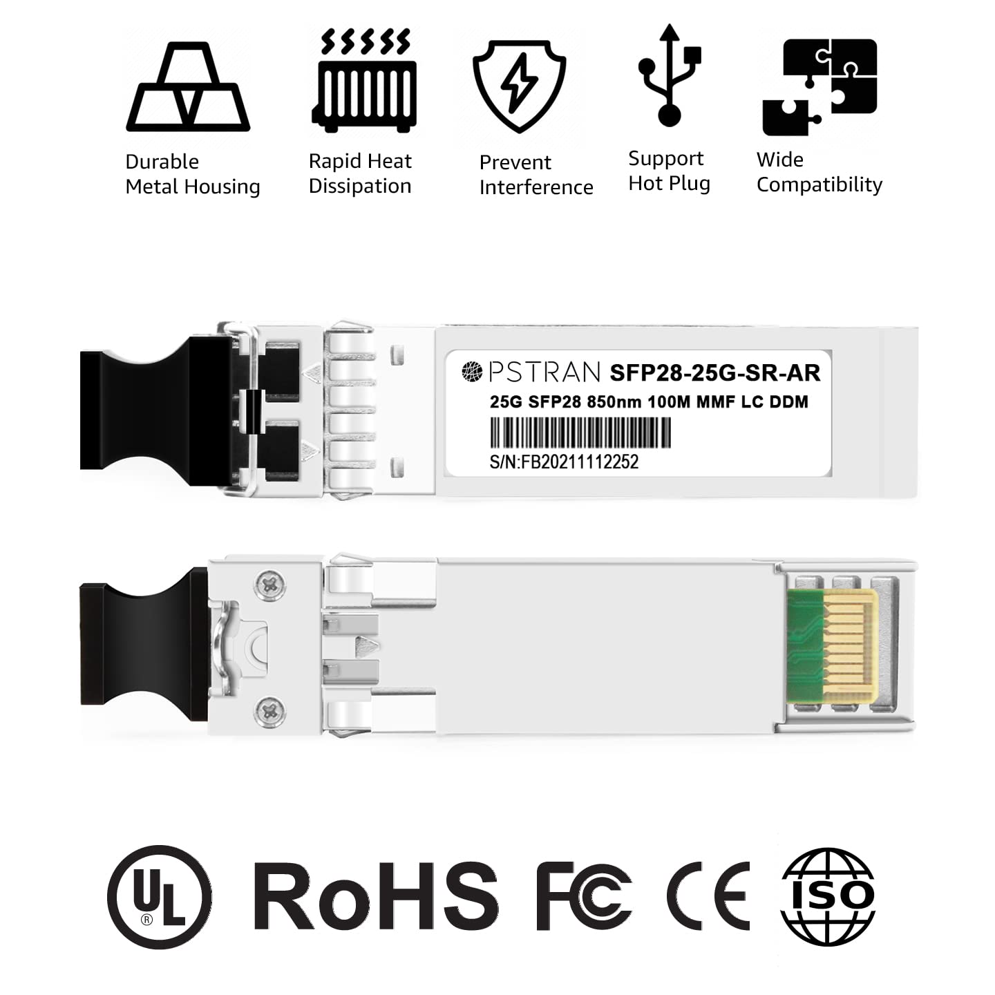 25GBASE-SR SFP28 Optical Transceiver Module Compatible with Arista SFP-25G-SR 25G SFP28 850nm 100m DOM Duplex LC MMF
