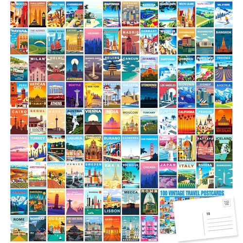 Cartes postales voyage vintage 10x15 cm LCLAIDYDY lot de 100 illustrations villes du monde