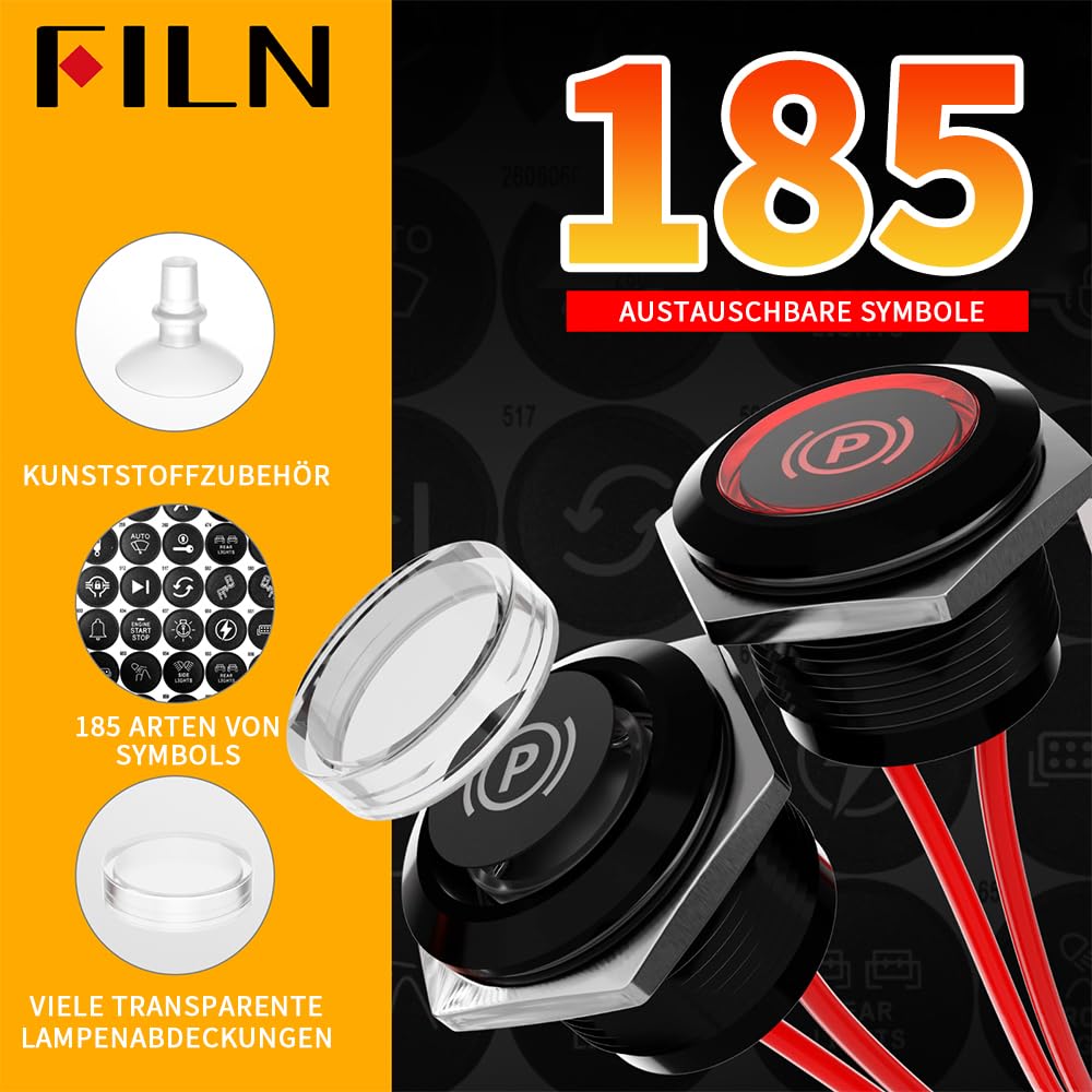 2Stück 19mm LED Kontrollleuchte Signallampe IP67 Metallgehäuse，185 wechselbare Symbole 12-24V DC，polaritätsunabhängig für Schaltschrank, Industrie, Marine, Wohnmobil（Rot）