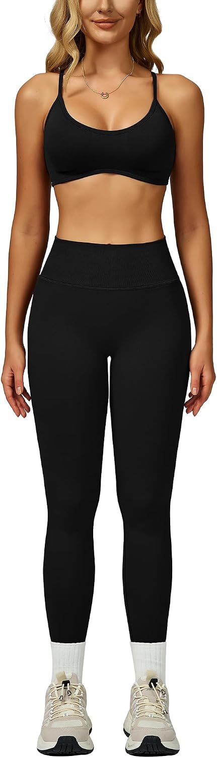 Women 2 Piece Workout Sets Tummy Control Leggings Matching Padded Sports Bra Athletic Yoga Sets Work Out Pilates Gym Outfits