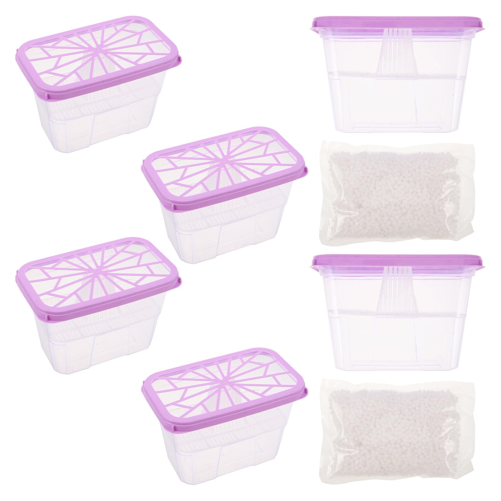 Gatuida Caja Absorbente de Humedad Reutilizable de Plástico para Armarios 6 Unidades Cuadradas Moradas sin Papel con 2 Recambios de Perlas de 200 G Deshumidificación Eficaz para Hogar