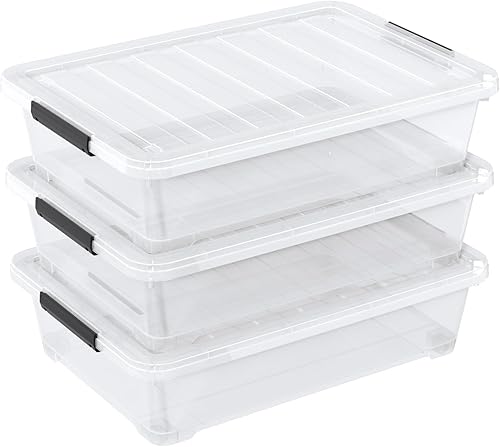 Caja transparente apilable para debajo de la cama, 40 cuartos de galón, contenedores poco profundos para debajo de la cama con ruedas, juego de 3