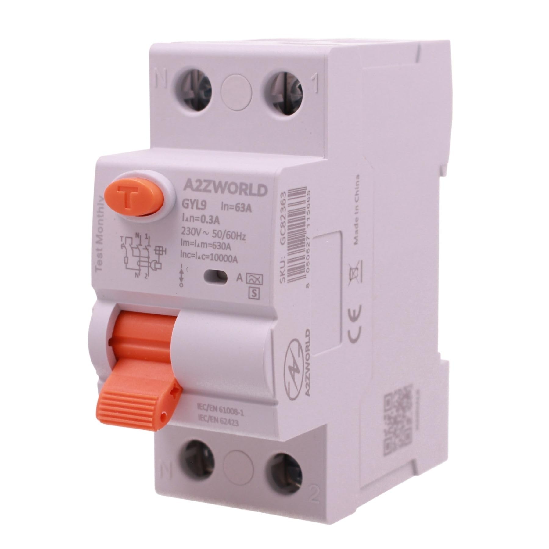 Interruptor diferencial selectivo tipo AS 300 mA/0,3 A 63 A, salvavidas tipo S Clase A 1P + N 10 kA, retraso hasta 500 ms, 2 módulos DIN 220 V AC, serie GYL9 electromecánica