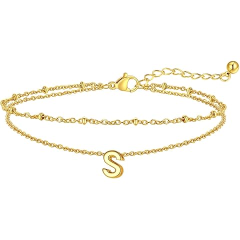FaithHeart Initial Ankle Bracelets for Women, Waterproof 14k Gold Plated Initial Anklets Non Tarnish Stainless Steel Layered Anklet Summer Beach Foot Jewelry