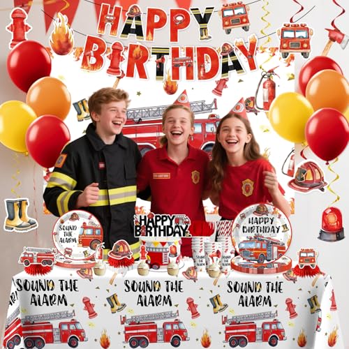 Image of 356Pcs cocomigo Firetruck Birthday Decorations Tableware Set, 50 Serves