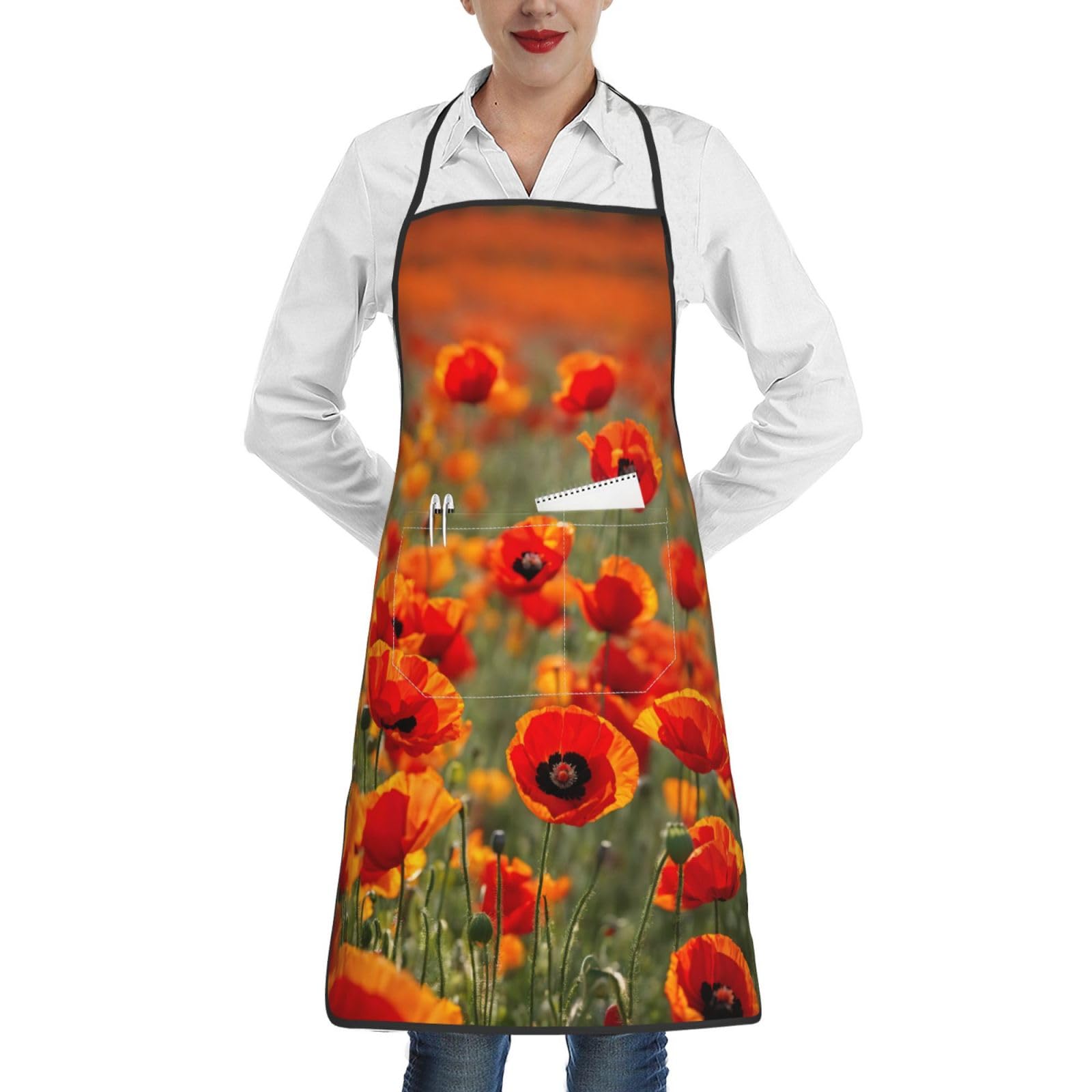 Edwal Unisex White Poppy Flowers Print Kitchen Aprons, Apron For Cooking With Pocket, Chef Aprons For Men Women